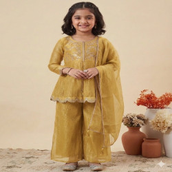 Girls Embroidered Crunch Silk Top Palazzo Set with Dupatta